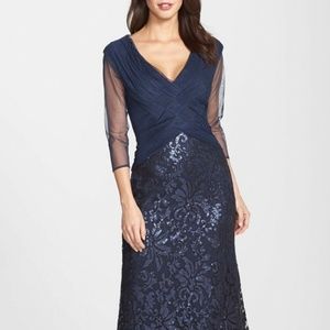 TADASHI SHOJI Sequin Lace Gown Navy 3/4 Sleeve - Size 8